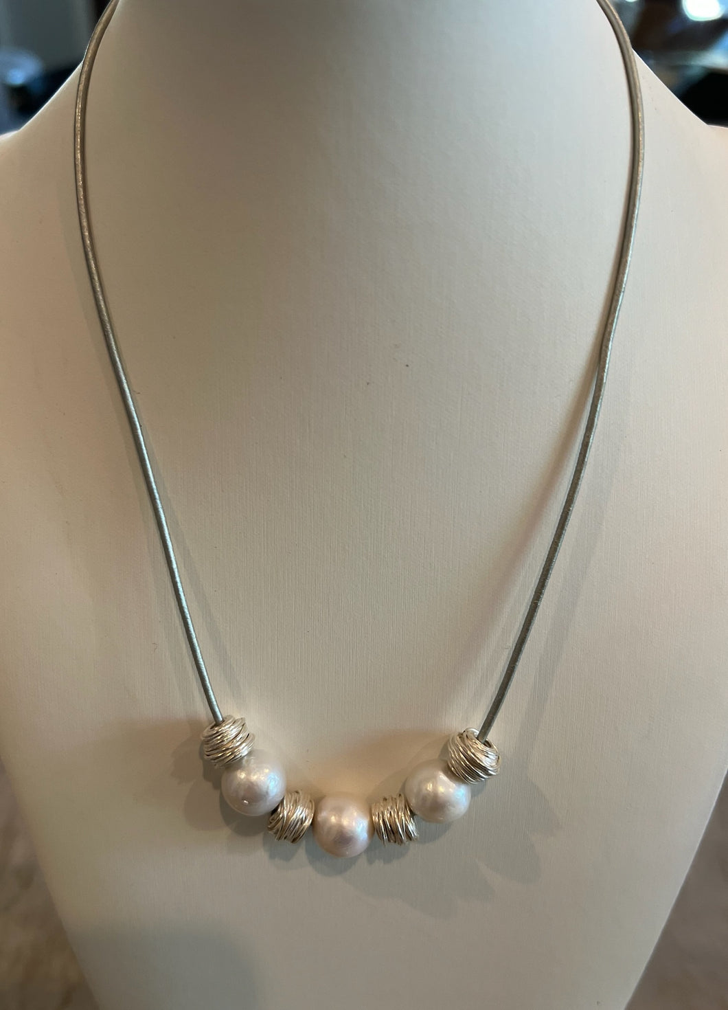 Pearls and sterling on leather