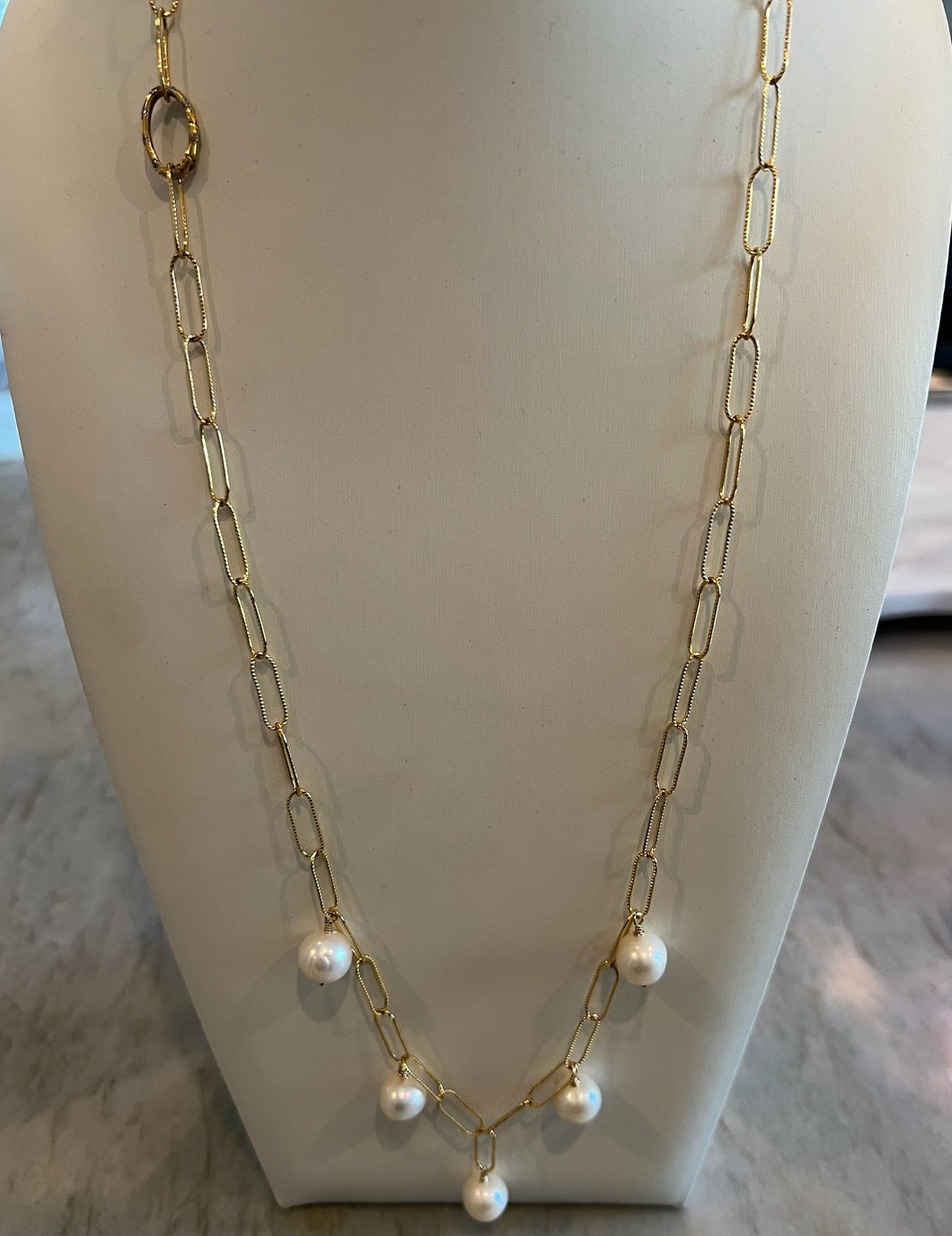 Pearls dropped from paperclip chain necklace