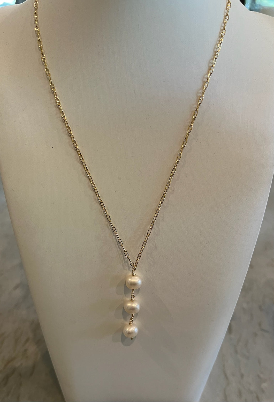 Three pearls on delicate gold chain necklace