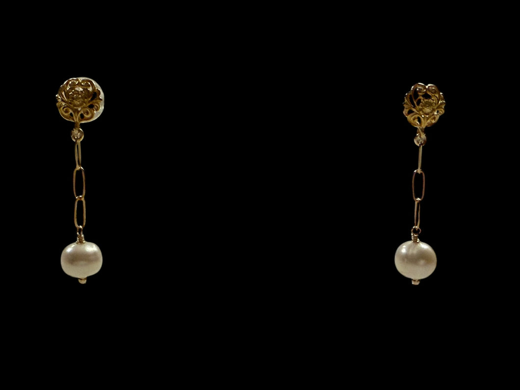 Fancy gold post with pearl and chain earrings